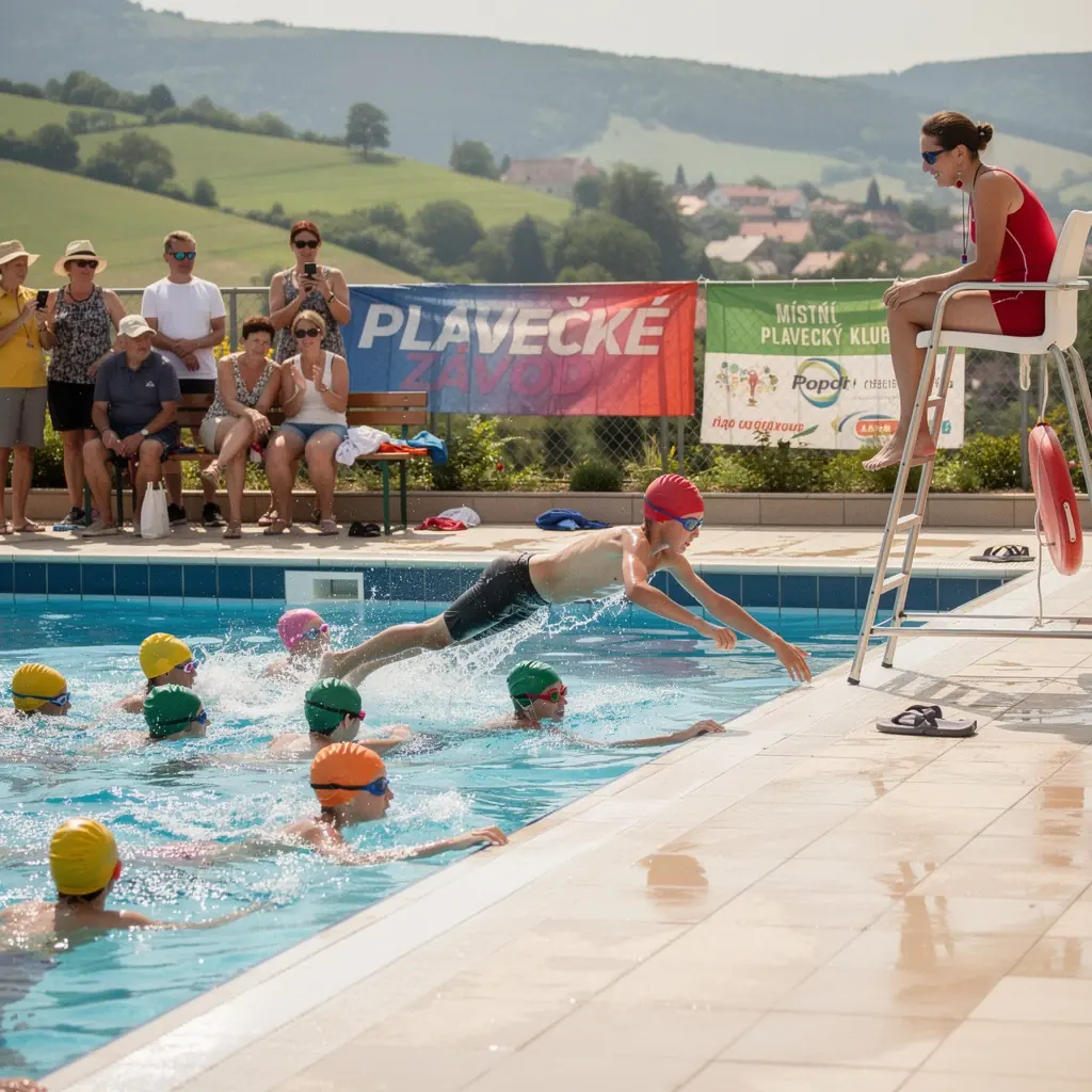 Skupina amatérských atletů v průběhu běžeckého závodu na místním stadionu.